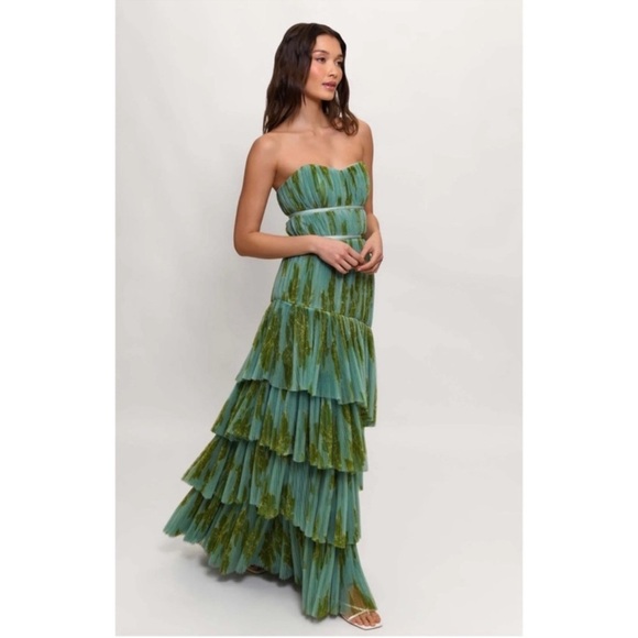 ANTHROPOLOGIE Hutch Lanza Strapless Pleated Tiered Ruffle Tulle Maxi Dress Green - Picture 13 of 15